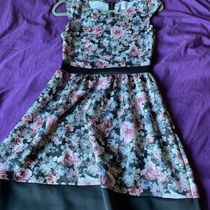 Xhilaration Black Floral Fit-and-Flare Dress with Pink Roses